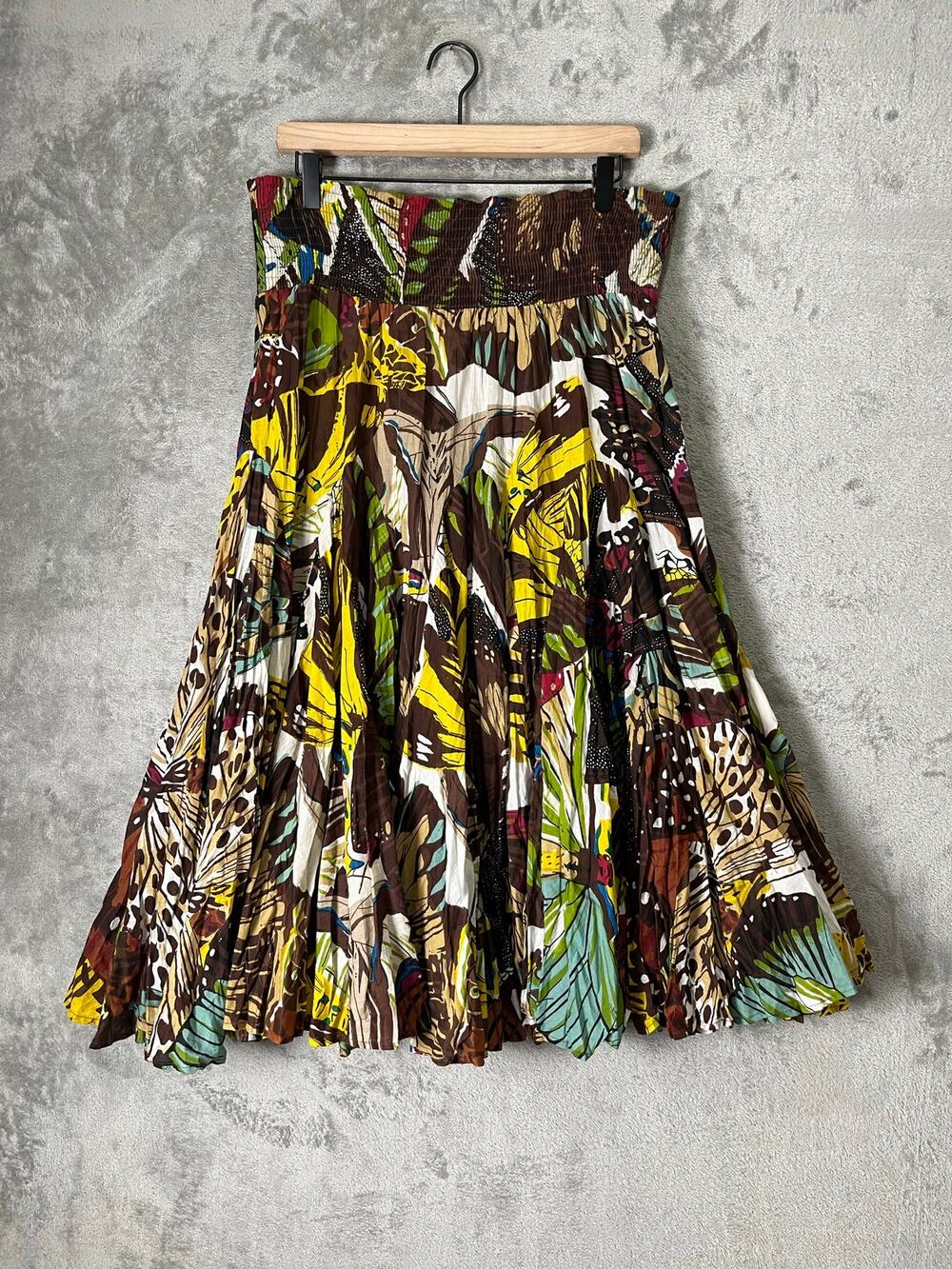 Vintage Tropical Floral Cotton Tiered Midi Skirt Boho Resort Artsy Statement L